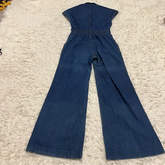 1970s Denim Jumpsuit Collared With Pockets Wide Leg Stretch Waist No Size C Pics - Picture 10 of 16